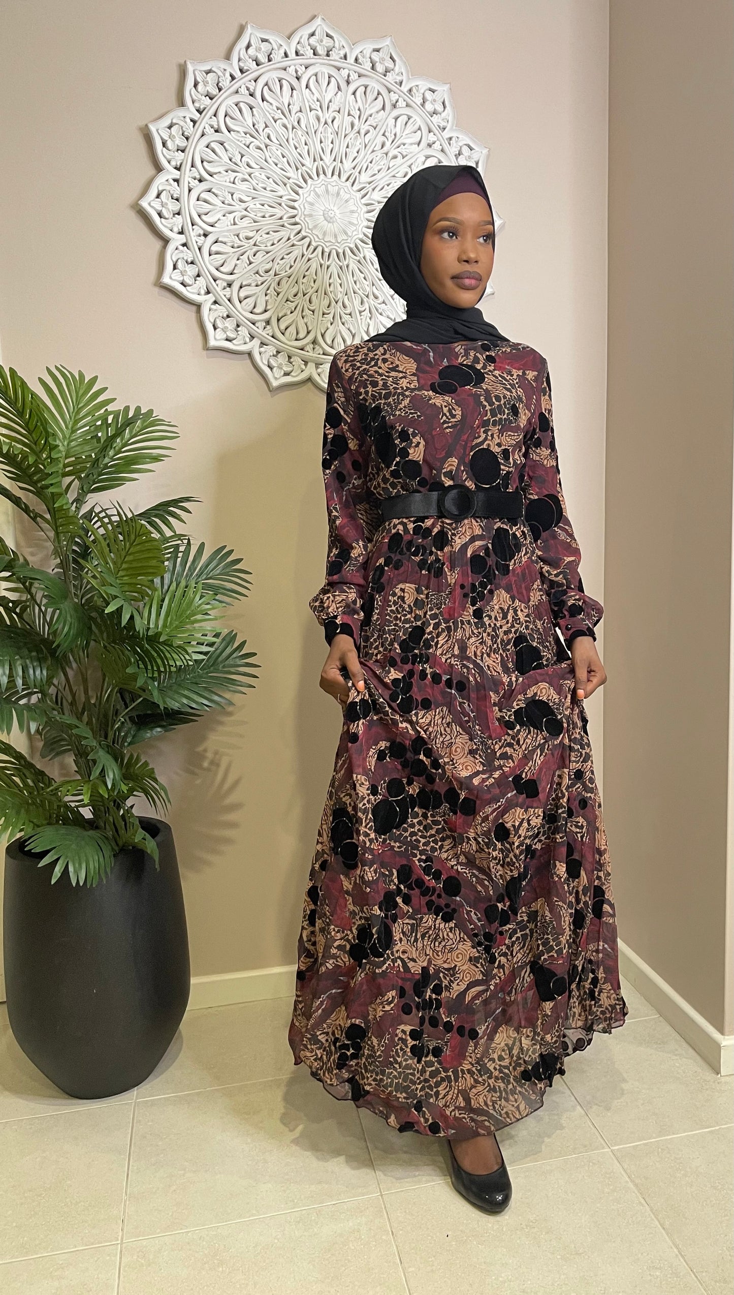 Zahra Velvet Chiffon Pleated Skirt Dress